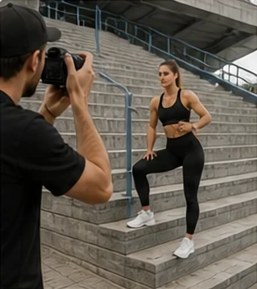 Fotograf robi zdjęcia dziewczynie na schodach stadionu